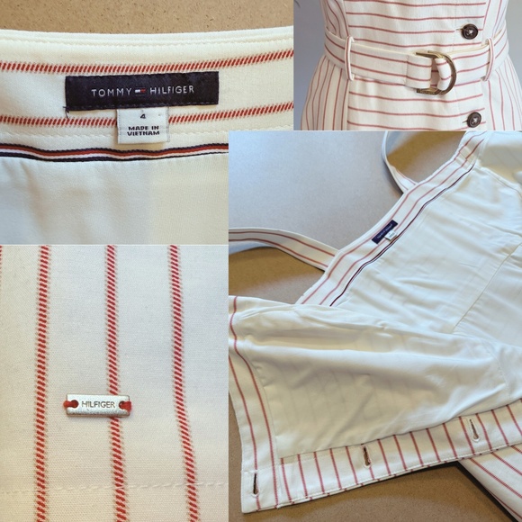 Tommy Hilfiger Dress Womens 4 Belted Cream Red Pinstripe Sheath Nautical Preppy - Picture 4 of 12